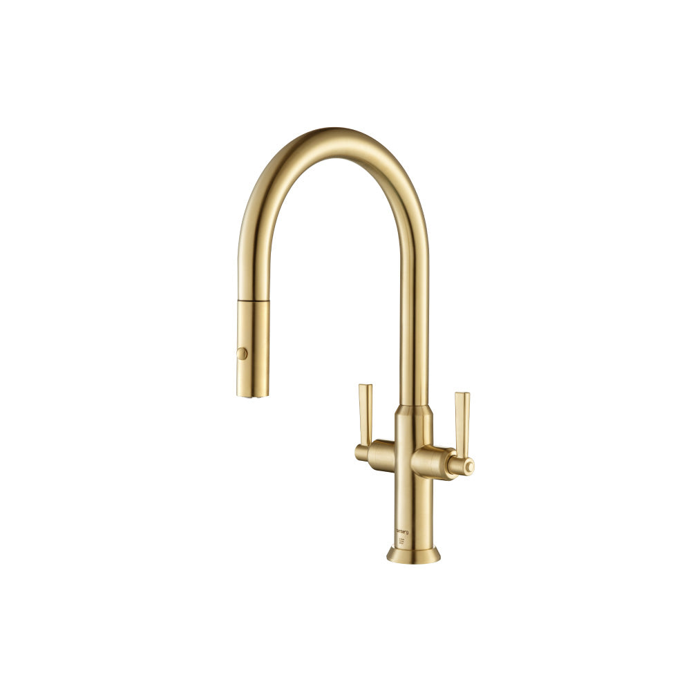 Isenberg Klassiker Velox 17" Single Hole Brushed Gold Pull-Down Kitchen Faucet With Two Handle and Dual Function Sprayer