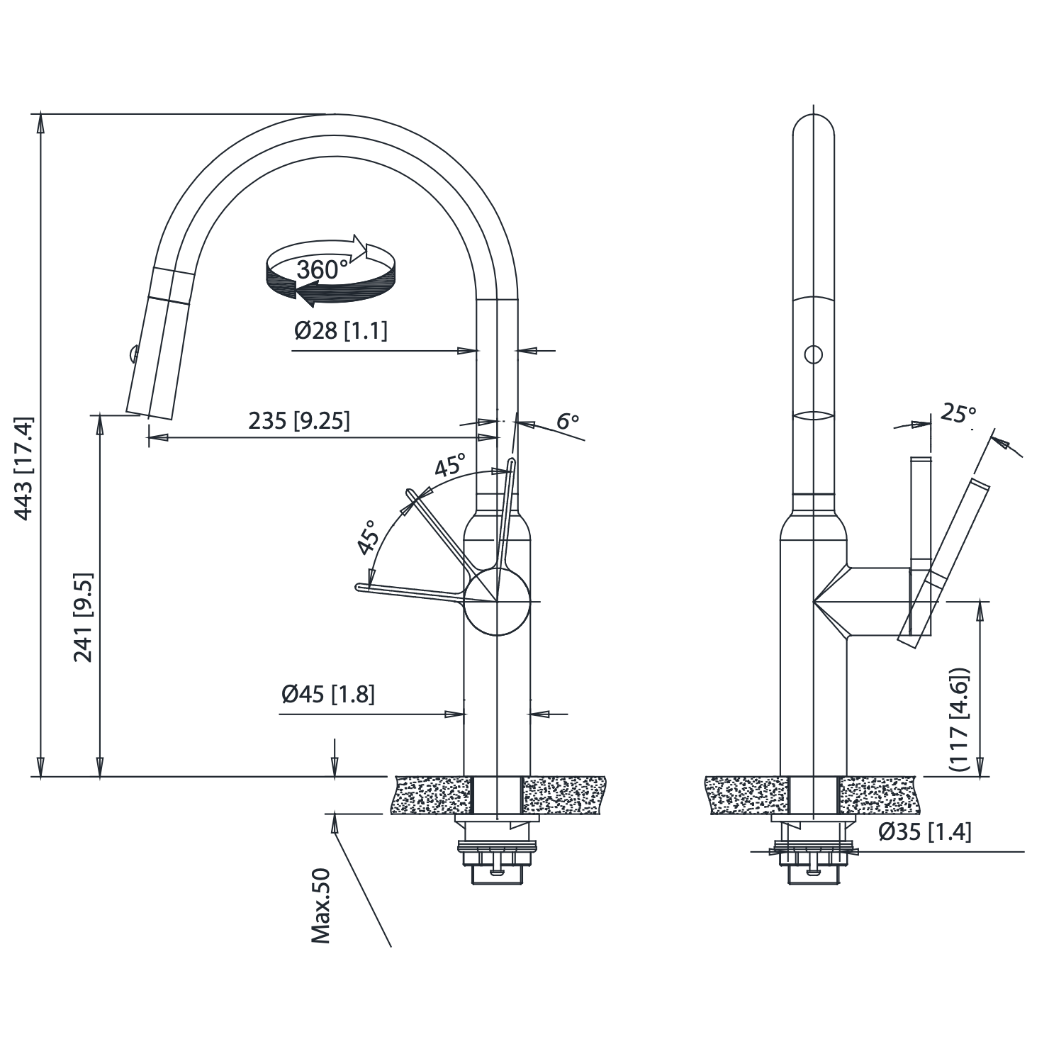 Isenberg Klassiker Ziel 17" Single Hole Dark Gray Stainless Steel Pull-Down Kitchen Faucet With Dual Function Sprayer