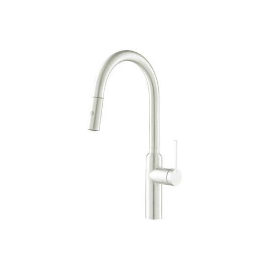 Isenberg Klassiker Ziel 17" Single Hole Gloss White Stainless Steel Pull-Down Kitchen Faucet With Dual Function Sprayer