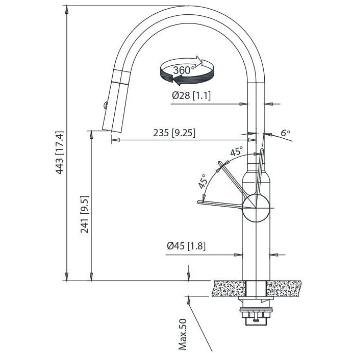 Isenberg Klassiker Ziel 17" Single Hole Matte Black Stainless Steel Pull-Down Kitchen Faucet With Dual Function Sprayer