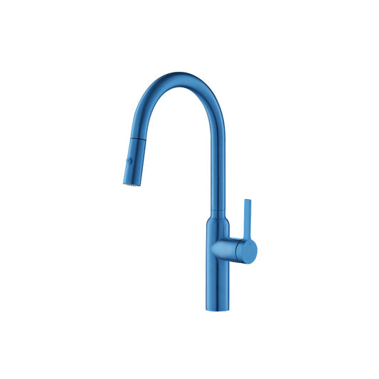 Isenberg Klassiker Ziel 17" Single Hole Sky Blue Stainless Steel Pull-Down Kitchen Faucet With Dual Function Sprayer