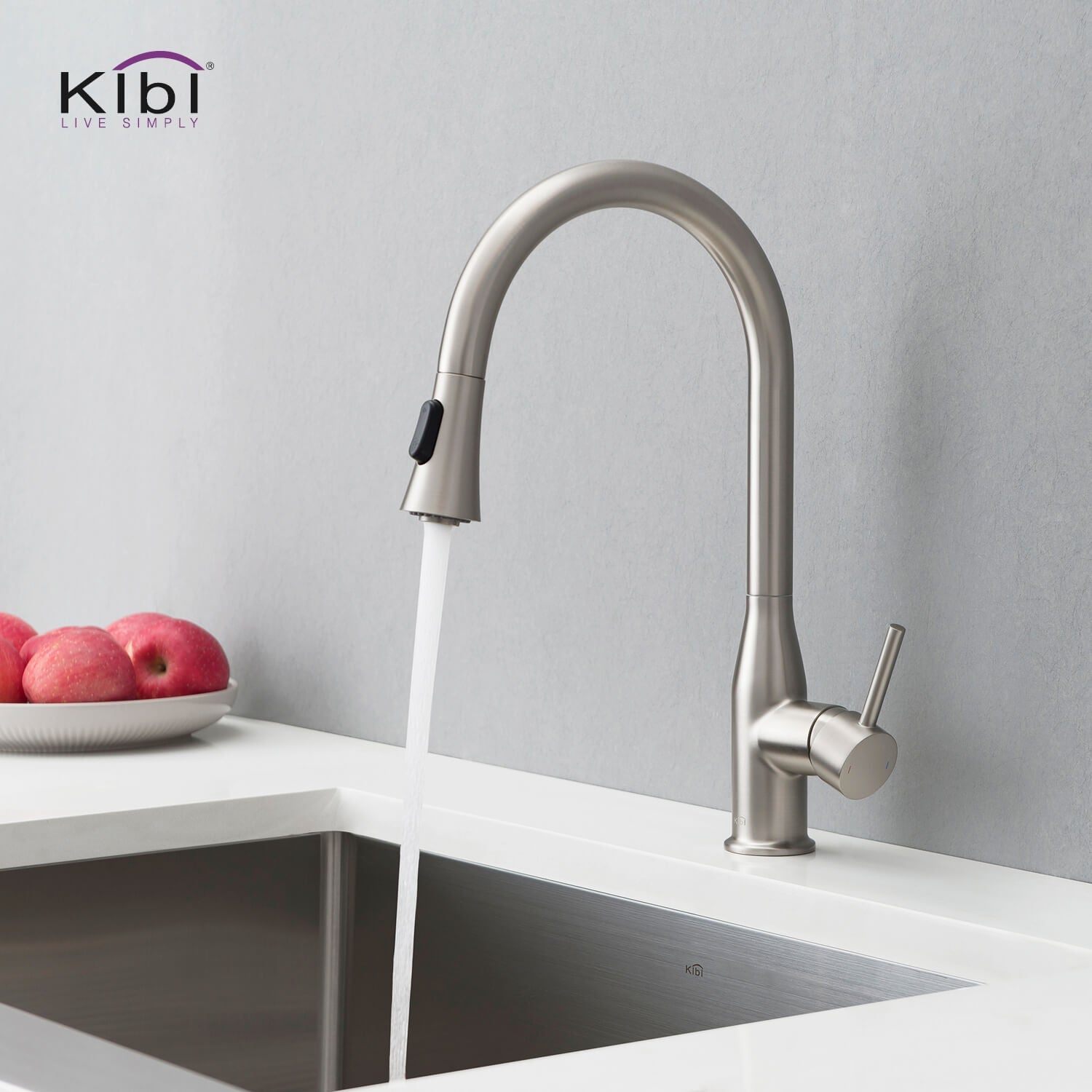 KIBI Napa Single Handle High Arc Pull Down Kitchen Faucet With Soap Dispenser in Brushed Nickel Finish