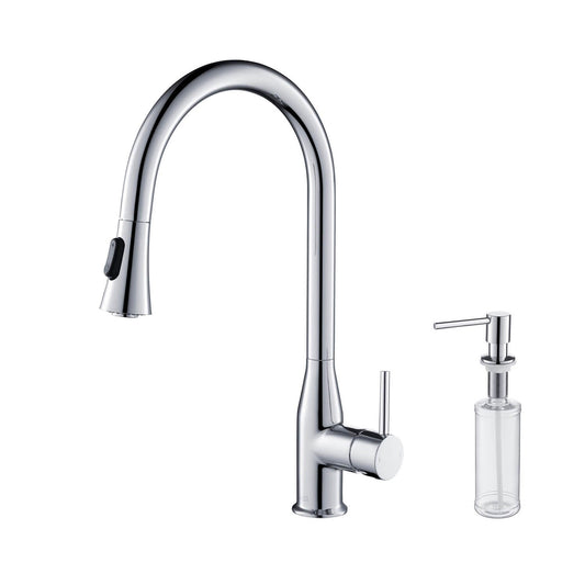 KIBI Napa Single Handle High Arc Pull Down Kitchen Faucet With Soap Dispenser in Chrome Finish