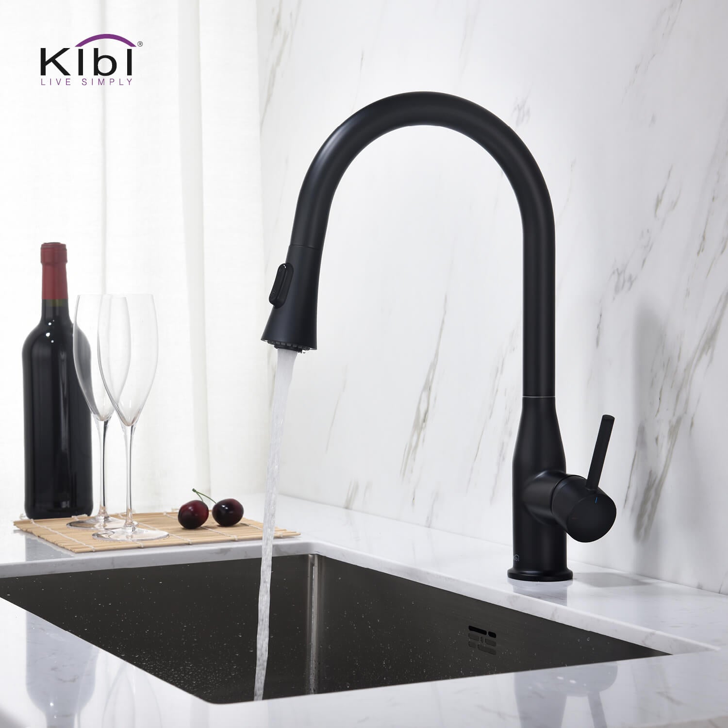 KIBI Napa Single Handle High Arc Pull Down Kitchen Faucet With Soap Dispenser in Matte Black Finish