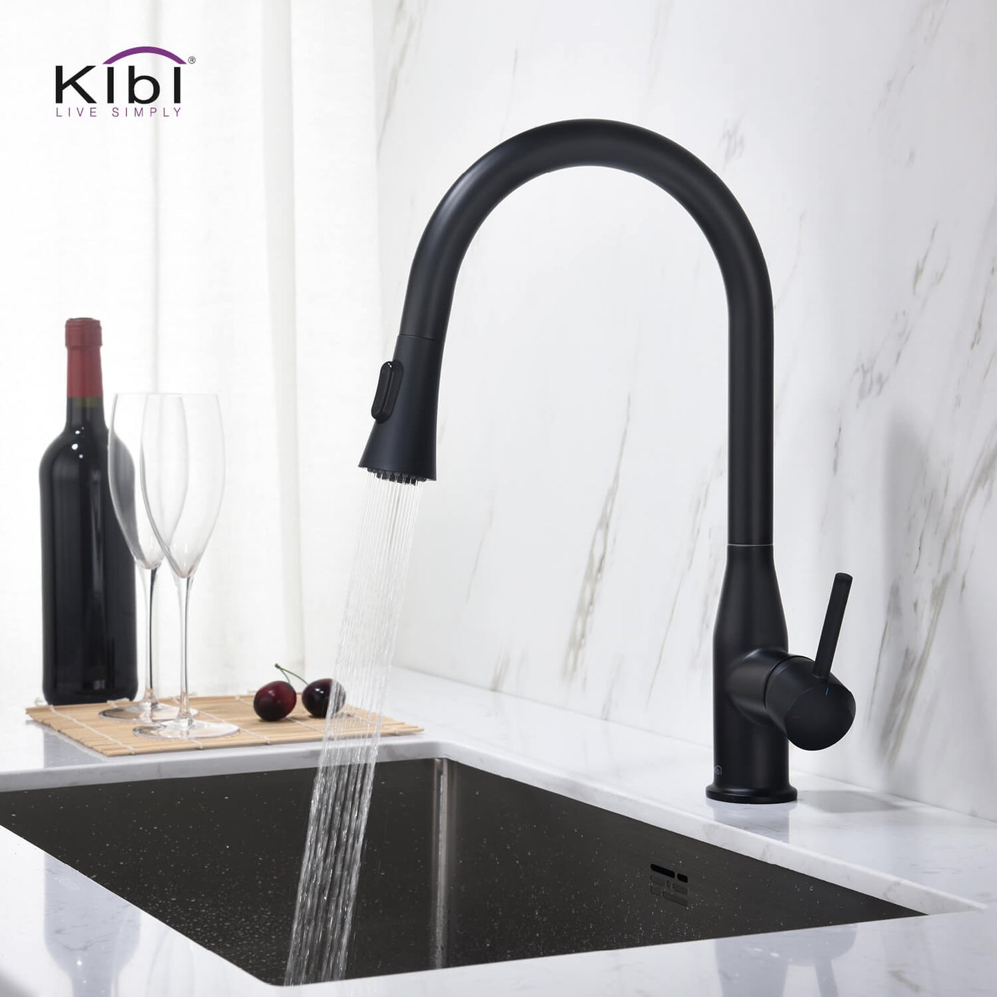 KIBI Napa Single Handle High Arc Pull Down Kitchen Faucet With Soap Dispenser in Matte Black Finish