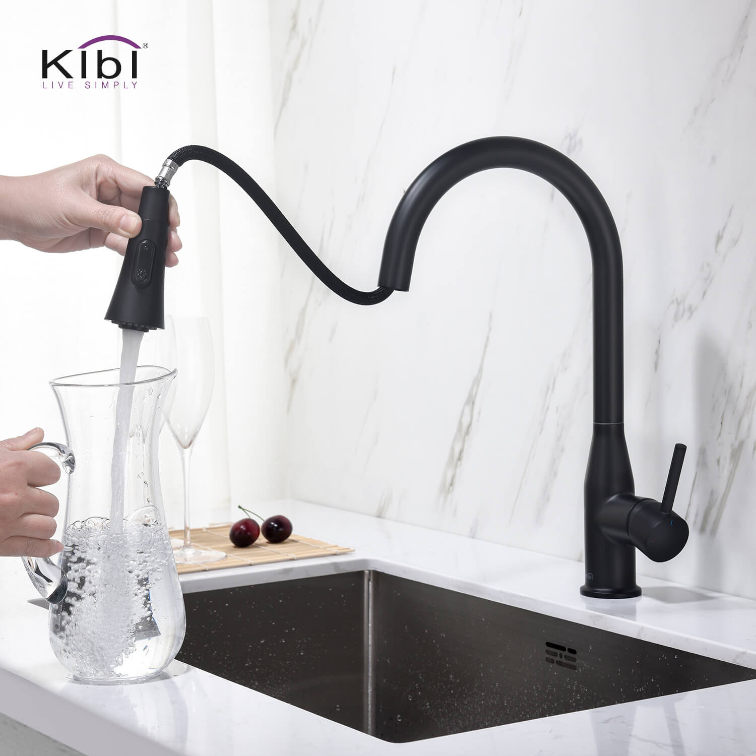 KIBI Napa Single Handle High Arc Pull Down Kitchen Faucet With Soap Dispenser in Matte Black Finish