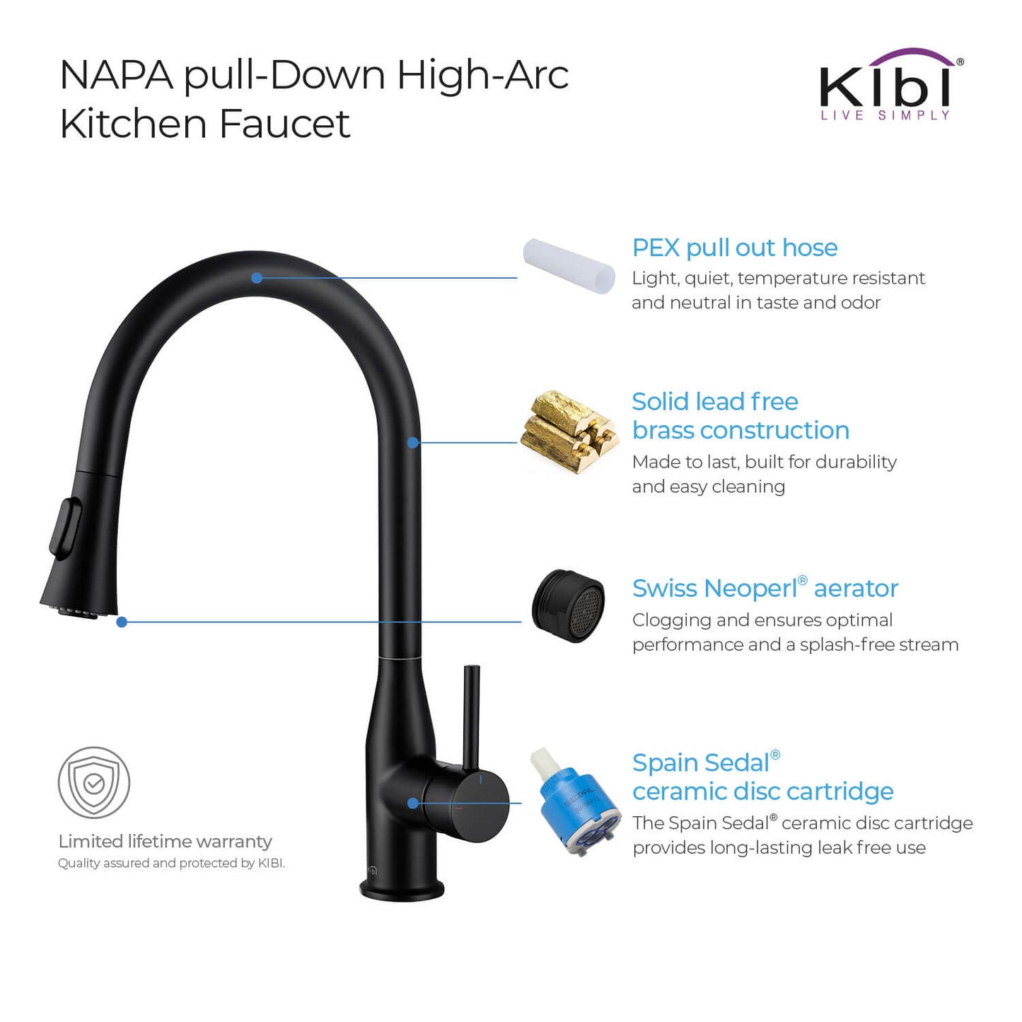 KIBI Napa Single Handle High Arc Pull Down Kitchen Faucet With Soap Dispenser in Matte Black Finish