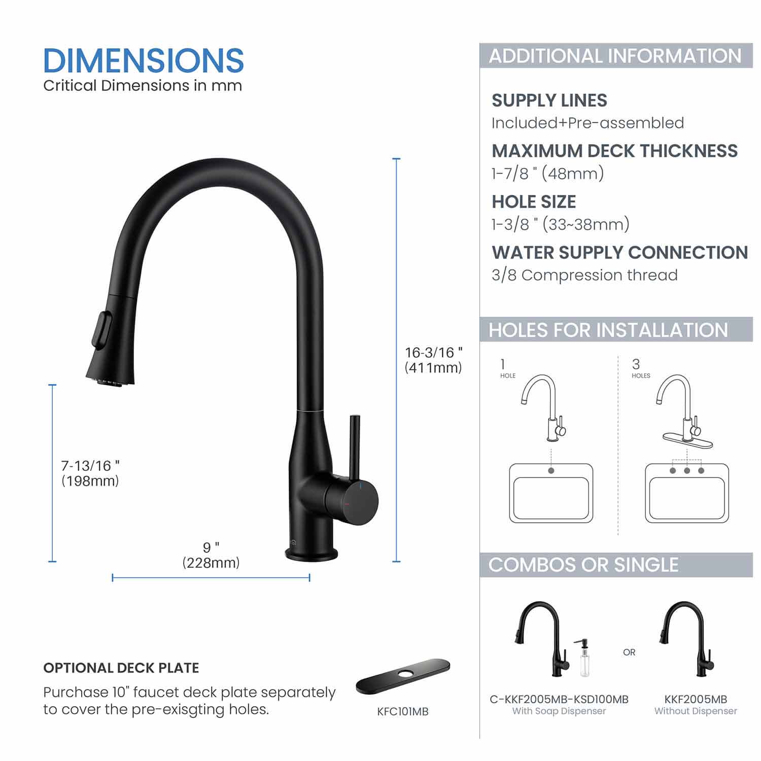 KIBI Napa Single Handle High Arc Pull Down Kitchen Faucet With Soap Dispenser in Matte Black Finish