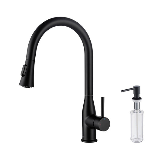 KIBI Napa Single Handle High Arc Pull Down Kitchen Faucet With Soap Dispenser in Matte Black Finish