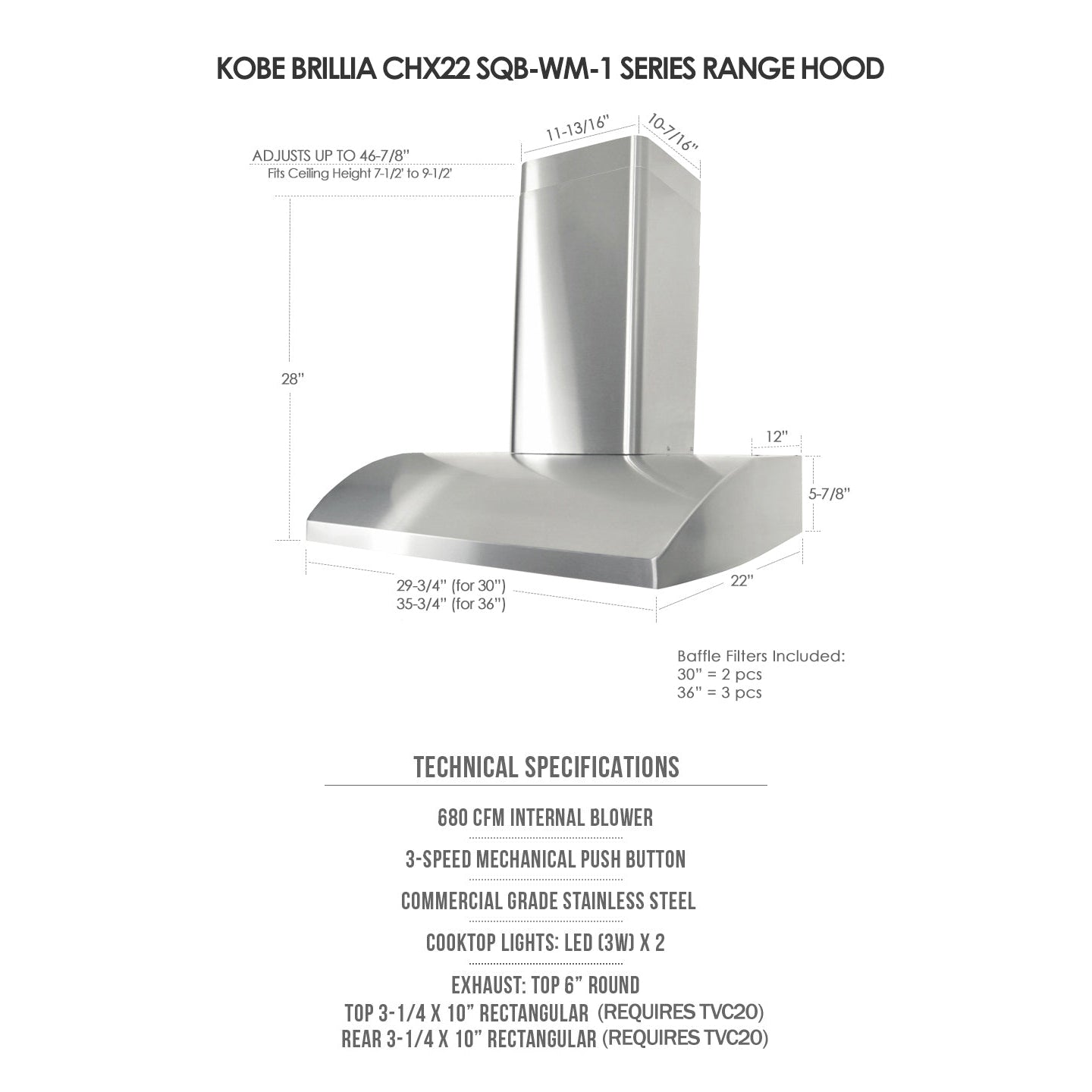 KOBE Brillia CHX22 SQB-1 Series 30" Wall Mount Range Hood With 3-Speed Mechanical Push Button, Dishwasher-Safe Baffle Filters, and LED Lights