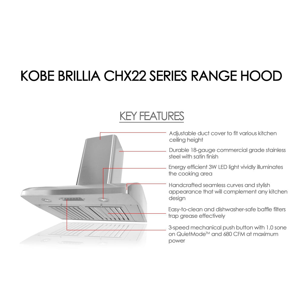 KOBE Brillia CHX22 SQB-1 Series 36" Wall Mount Range Hood With 3-Speed Mechanical Push Button, Dishwasher-Safe Baffle Filters, and LED Lights