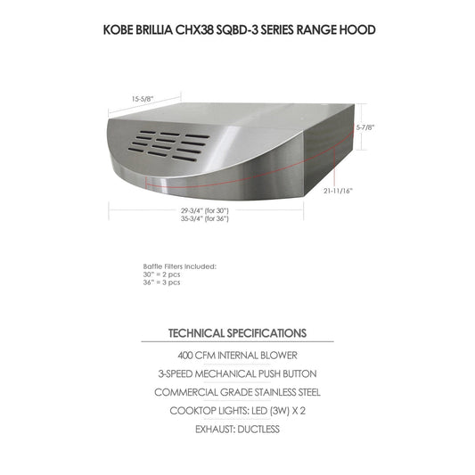 KOBE Brillia CHX38 SQBD-3 Series 30" Ductless Under Cabinet Range Hood With 400 CFM Internal Blower, 3-Speed Mechanical Push Button, Dishwasher-Safe Baffle Filters, Charcoal Filters, and LED Lights