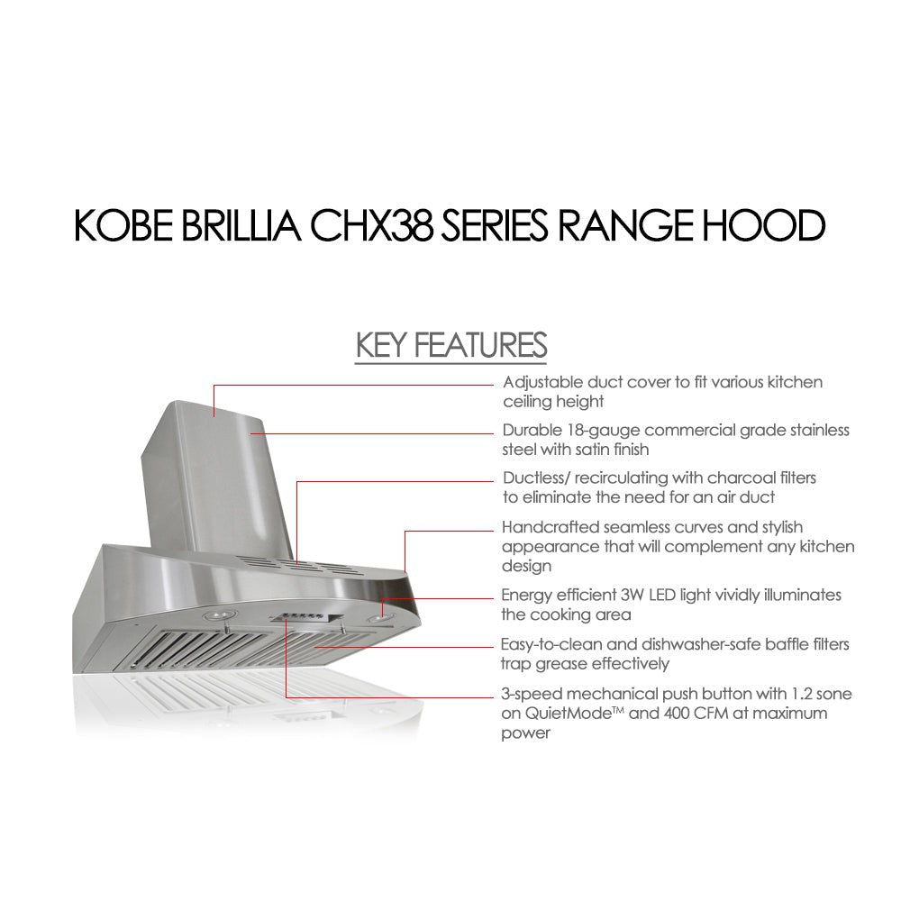 KOBE Brillia CHX38 SQBD-3 Series 36" Ductless Wall Mount Range Hood With 400 CFM Internal Blower, 3-Speed Mechanical Push Button, Dishwasher-Safe Baffle Filters, Charcoal Filters, and LED Lights