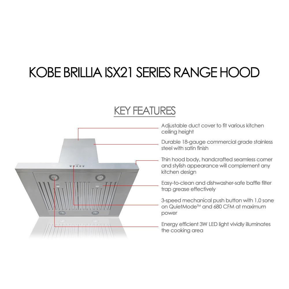 KOBE Brillia ISX21 SQB-2 Series 30" Island Range Hood With 680 CFM Internal Blower, 3-Speed Mechanical Push Button, Dishwasher-Safe Baffle Filters, and LED Lights