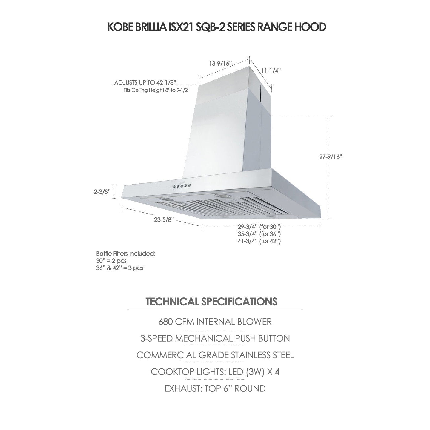 KOBE Brillia ISX21 SQB-2 Series 36" Island Range Hood With 680 CFM Internal Blower, Outer Duct Extension, 3-Speed Mechanical Push Button, Dishwasher-Safe Baffle Filters, and LED Lights