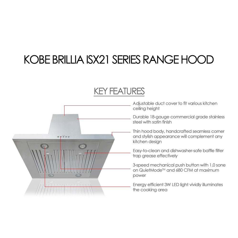 KOBE Brillia ISX21 SQB-2 Series 42" Island Range Hood With 680 CFM Internal Blower, 3-Speed Mechanical Push Button, Dishwasher-Safe Baffle Filters, and LED Lights