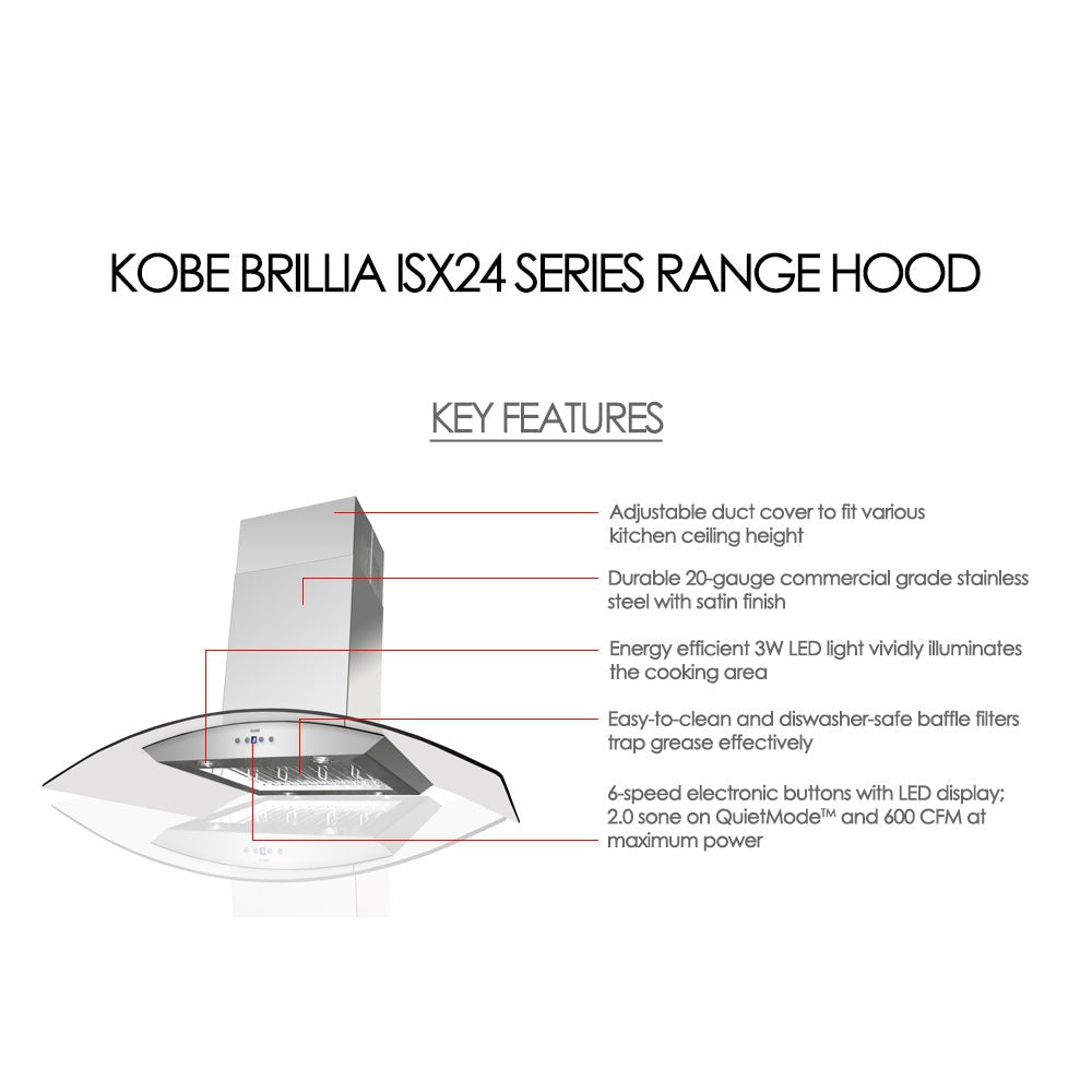 KOBE Brillia ISX24 SQB-2 Series 30" Island Range Hood With 600 CFM Internal Blower, 6-Speed Electric Button Control, Dishwasher-Safe Baffle Filters, 4-Level Setting LED Lights, and Delay Shutoff