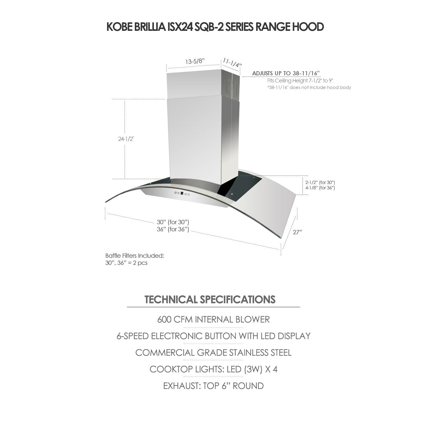 KOBE Brillia ISX24 SQB-2 Series 30" Island Range Hood With 600 CFM Internal Blower, 6-Speed Electric Button Control, Dishwasher-Safe Baffle Filters, 4-Level Setting LED Lights, and Delay Shutoff