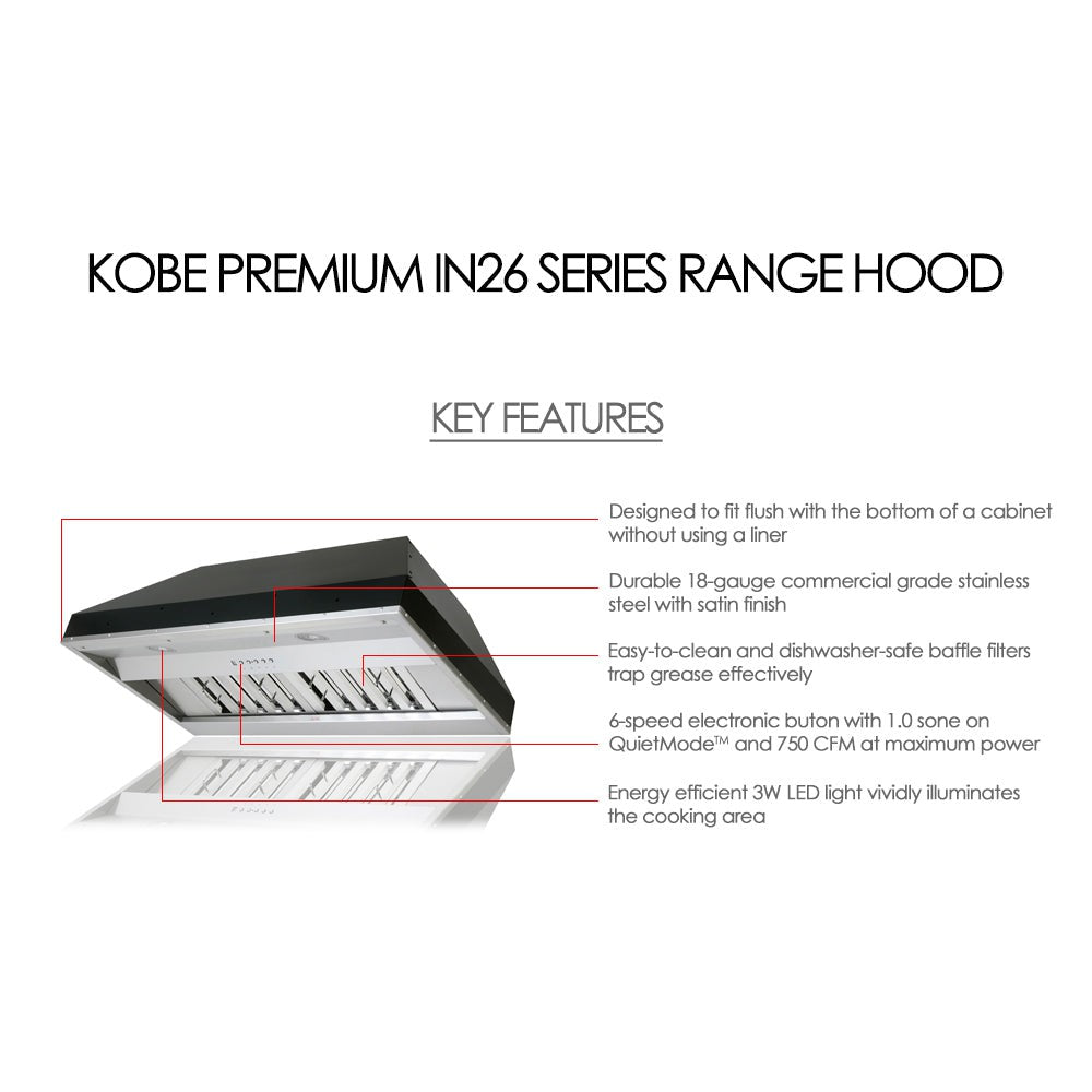 KOBE Premium IN26 SQB-700-X Series 30" Insert or Built-in Range Hood With 750 CFM Internal Blower, Delay Shut Off, Multi-Exhaust, and 3-Level Lighting