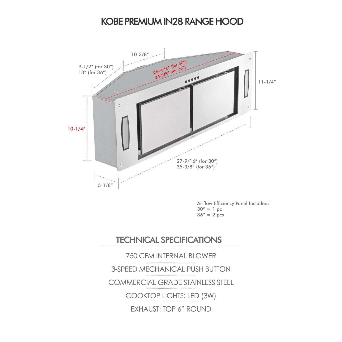 KOBE Premium IN28 SQP-XX Series 36" Insert or Built-in Range Hood With 750 CFM Internal Blower, Airflow Efficiency Panel, 3-Speed Mechanical Push Button, and LED Lights