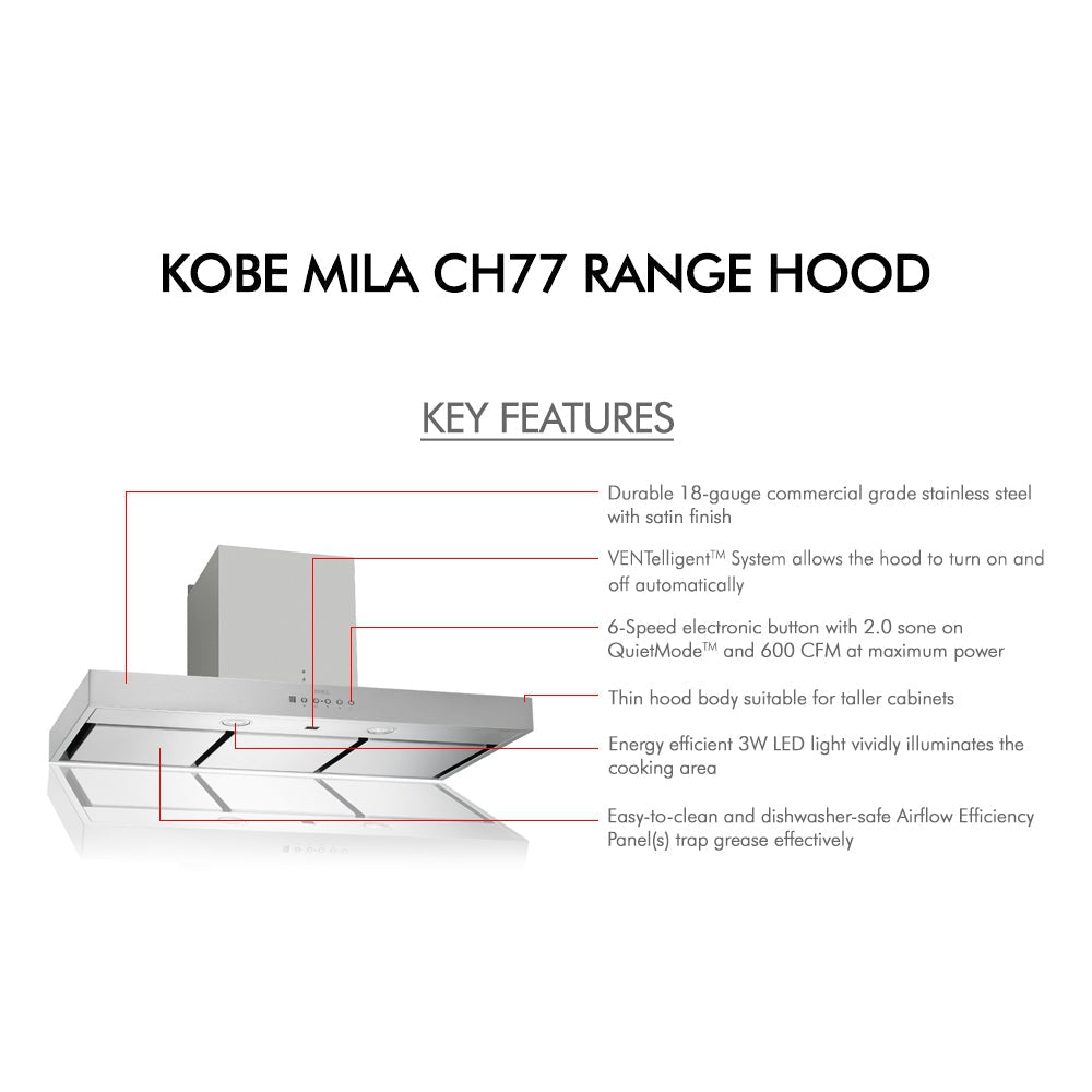 KOBE Premium Mila CH77 SQ6-XX Series 30" Hands-Free Under Cabinet Range Hood With Flame and Temperature Sensor, Delay Shutoff, 3-Level Lighting, and Parametric Suction
