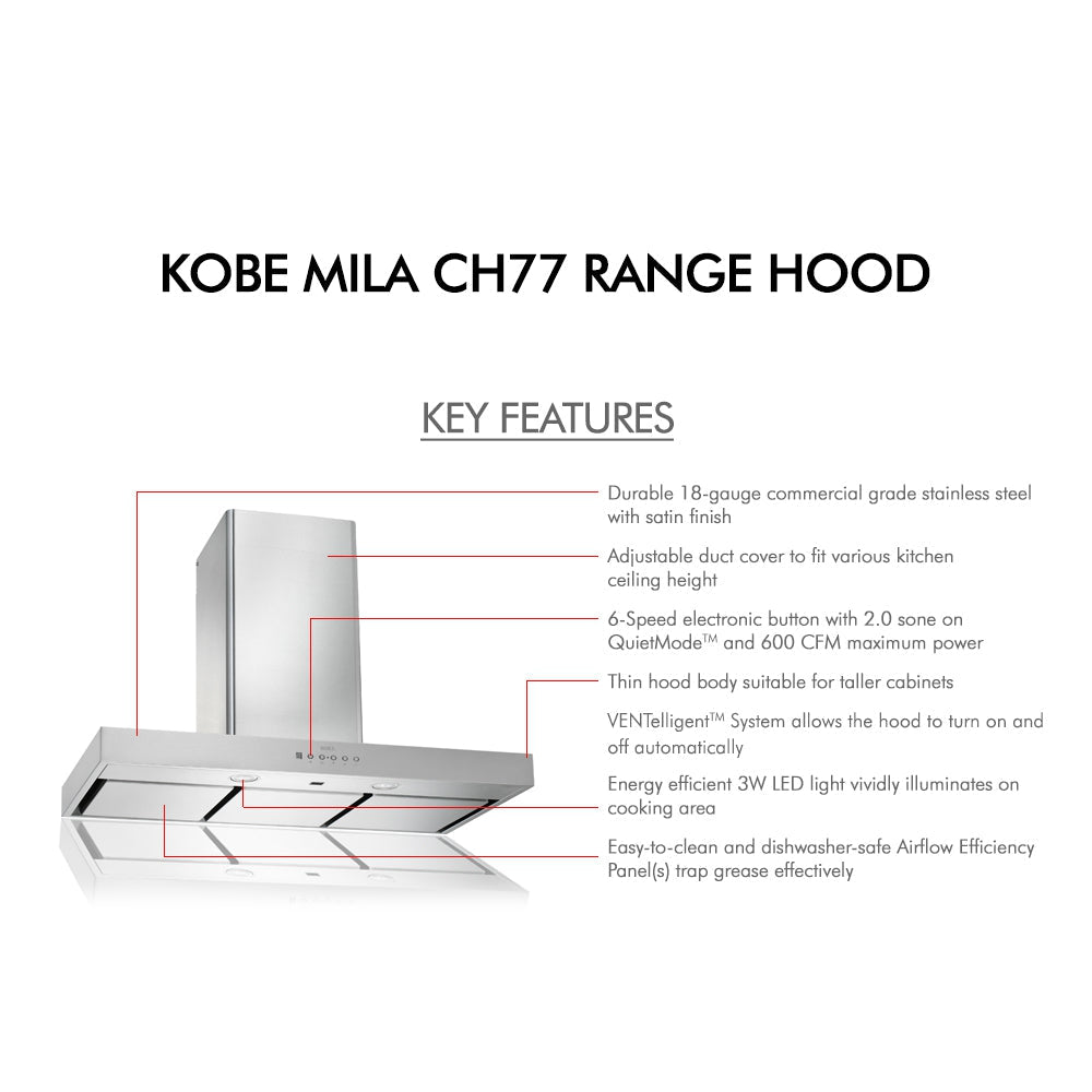 KOBE Premium Mila CH77 SQ6-XX Series 30" Hands-Free Wall Mount Range Hood With Flame and Temperature Sensor, Delay Shutoff, 3-Level Lighting, and Parametric Suction