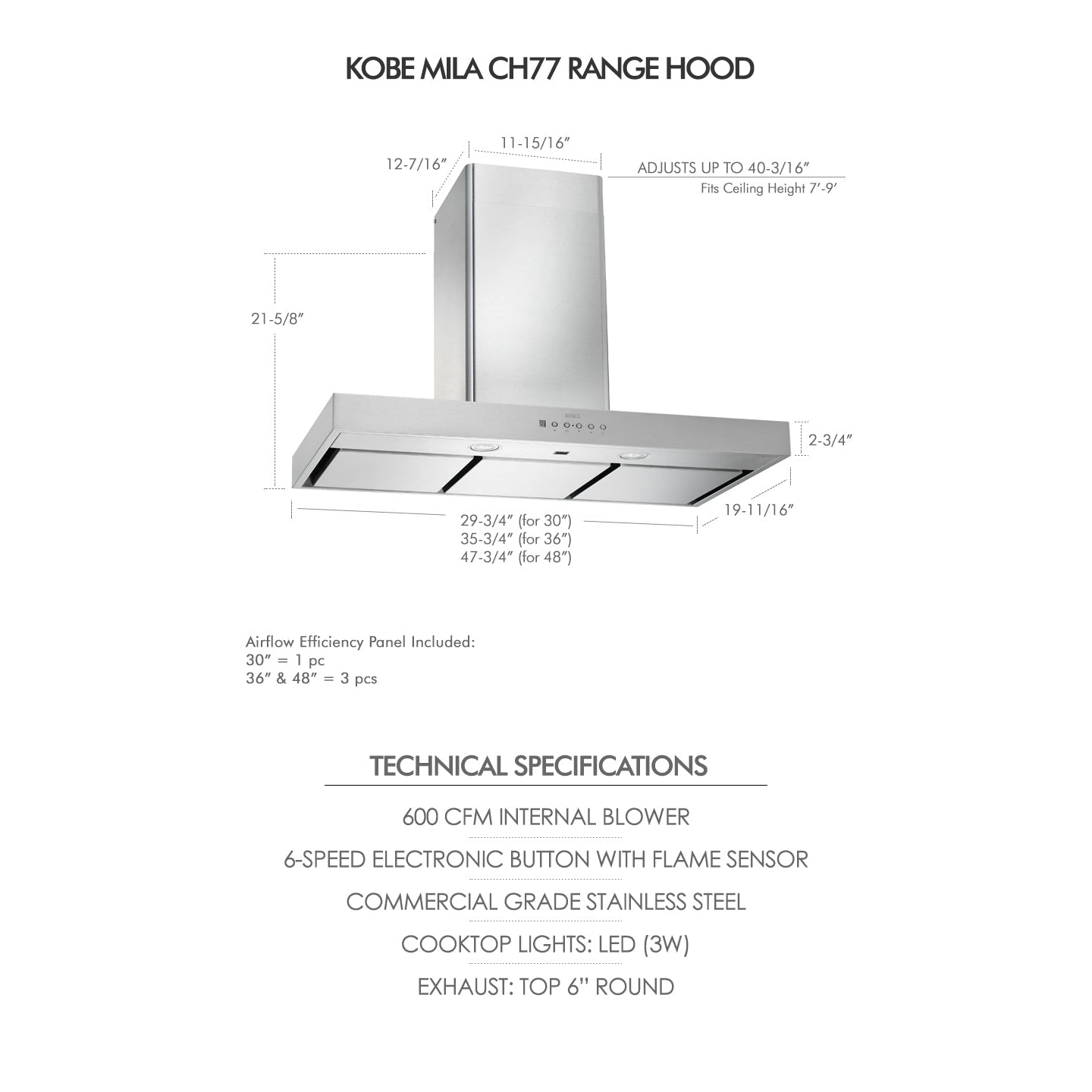 KOBE Premium Mila CH77 SQ6-XX Series 30" Hands-Free Wall Mount Range Hood With Flame and Temperature Sensor, Delay Shutoff, 3-Level Lighting, and Parametric Suction