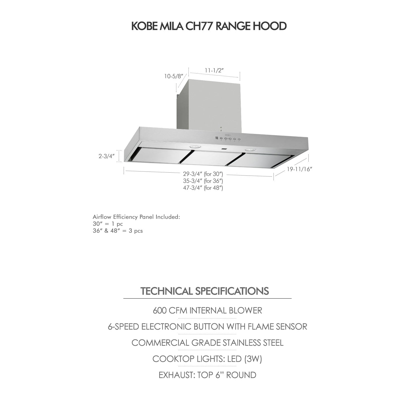 KOBE Premium Mila CH77 SQ6-XX Series 48" Hands-Free Under Cabinet Range Hood With Flame and Temperature Sensor, Delay Shutoff, 3-Level Lighting, and Parametric Suction