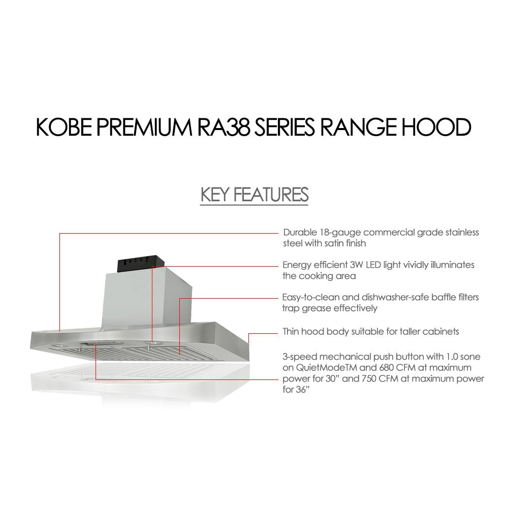 KOBE Premium RA38 SQB-1 Series 30" Under Cabinet Range Hood With 680 CFM Internal Blower, 3-Speed Mechanical Push Button, Dishwasher-Safe Baffle Filters, and LED Lights