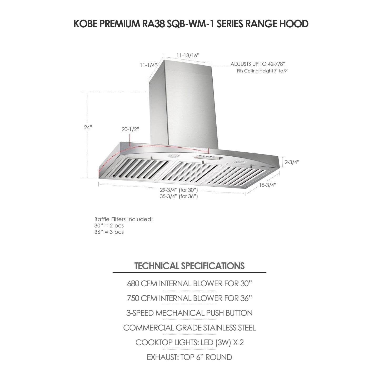 KOBE Premium RA38 SQB-1 Series 30" Wall Mount Range Hood With 680 CFM Internal Blower, 3-Speed Mechanical Push Button, Dishwasher-Safe Baffle Filters, and LED Lights