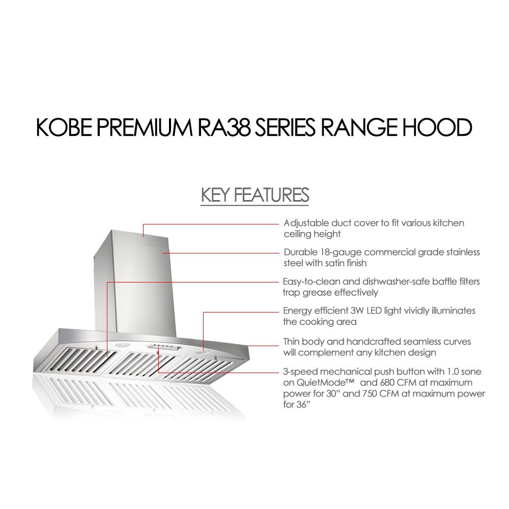 KOBE Premium RA38 SQB-1 Series 36" Wall Mount Range Hood With 750 CFM Internal Blower, 3-Speed Mechanical Push Button, Dishwasher-Safe Baffle Filters, and LED Lights