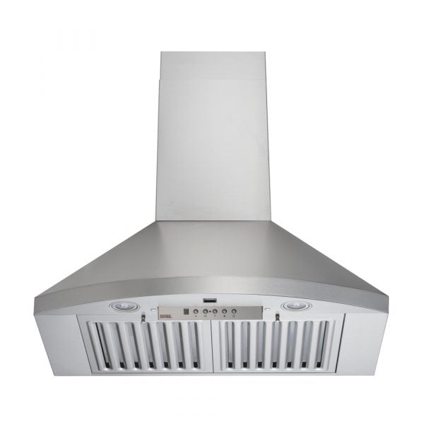 KOBE Premium RA92 SQB6-XX Series 30" Wall Mount Range Hood With RA0930DC-1 Duct Extension, 600 CFM Internal Blower, 6-Speed Electronic Control, Flame and Temperature Sensor,  
Delay Shut Off, and LED Lights