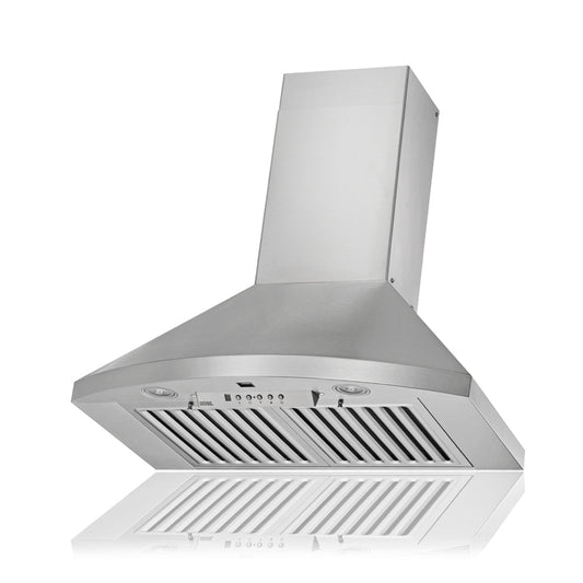 KOBE Premium RA92 SQB6-XX Series 30" Wall Mount Range Hood With RA0930DC-1 Duct Extension, 600 CFM Internal Blower, 6-Speed Electronic Control, Flame and Temperature Sensor,  
Delay Shut Off, and LED Lights