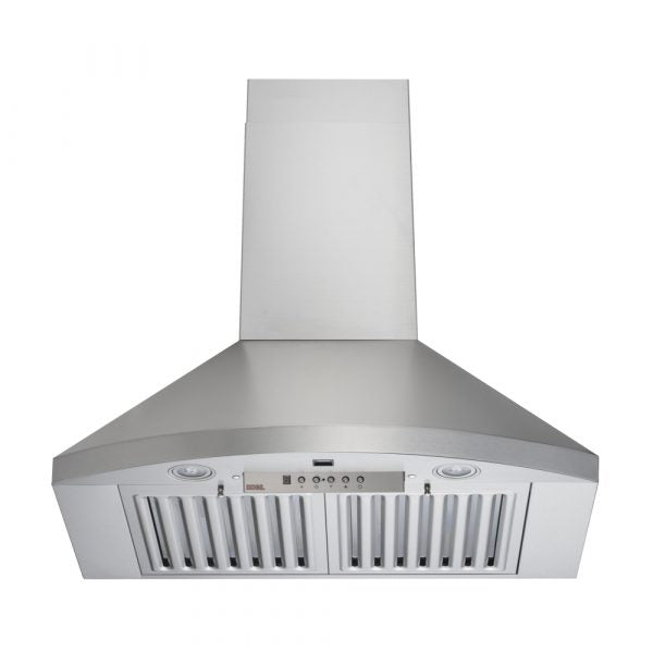 KOBE Premium RA92 SQB6-XX Series 30" Wall Mount Range Hood With RA0946DC-1 Duct Extension, 600 CFM Internal Blower, 6-Speed Electronic Control, Flame and Temperature Sensor,  
Delay Shut Off, and LED Lights