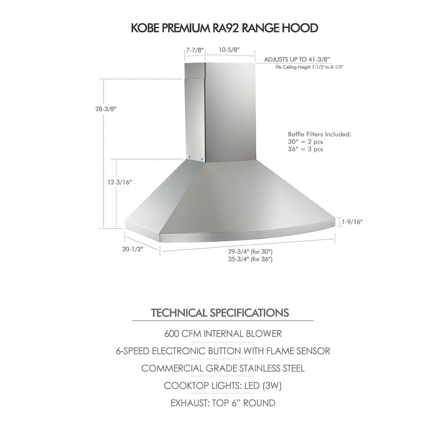 KOBE Premium RA92 SQB6-XX Series 36" Wall Mount Range Hood With 600 CFM Internal Blower, 6-Speed Electronic Control, Flame and Temperature Sensor,  
Delay Shut Off, and LED Lights