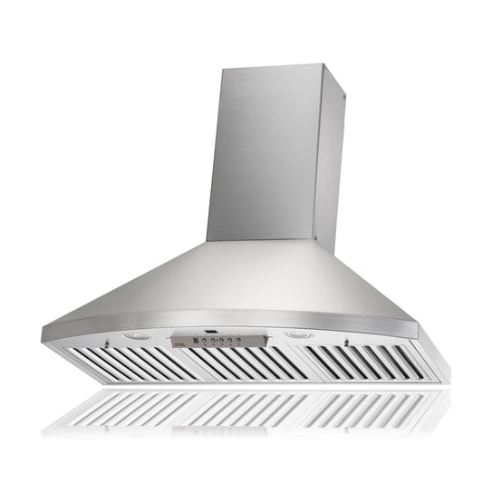 KOBE Premium RA92 SQB6-XX Series 36" Wall Mount Range Hood With RA0930DC-1 Duct Extension, 600 CFM Internal Blower, 6-Speed Electronic Control, Flame and Temperature Sensor,  
Delay Shut Off, and LED Lights