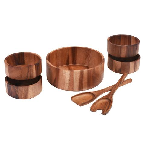 Kalmar Home 10" x 10" x 4" Large Salad Bowl with Servers and 4 Individuals - 327B-7