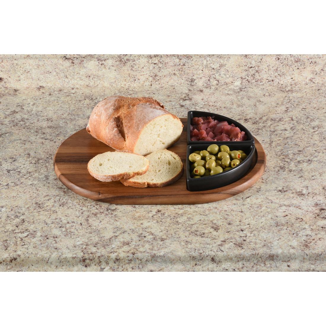 Kalmar Home Charcuterie / Serving Tray with 2 Black Triangular Ceramic Bowls