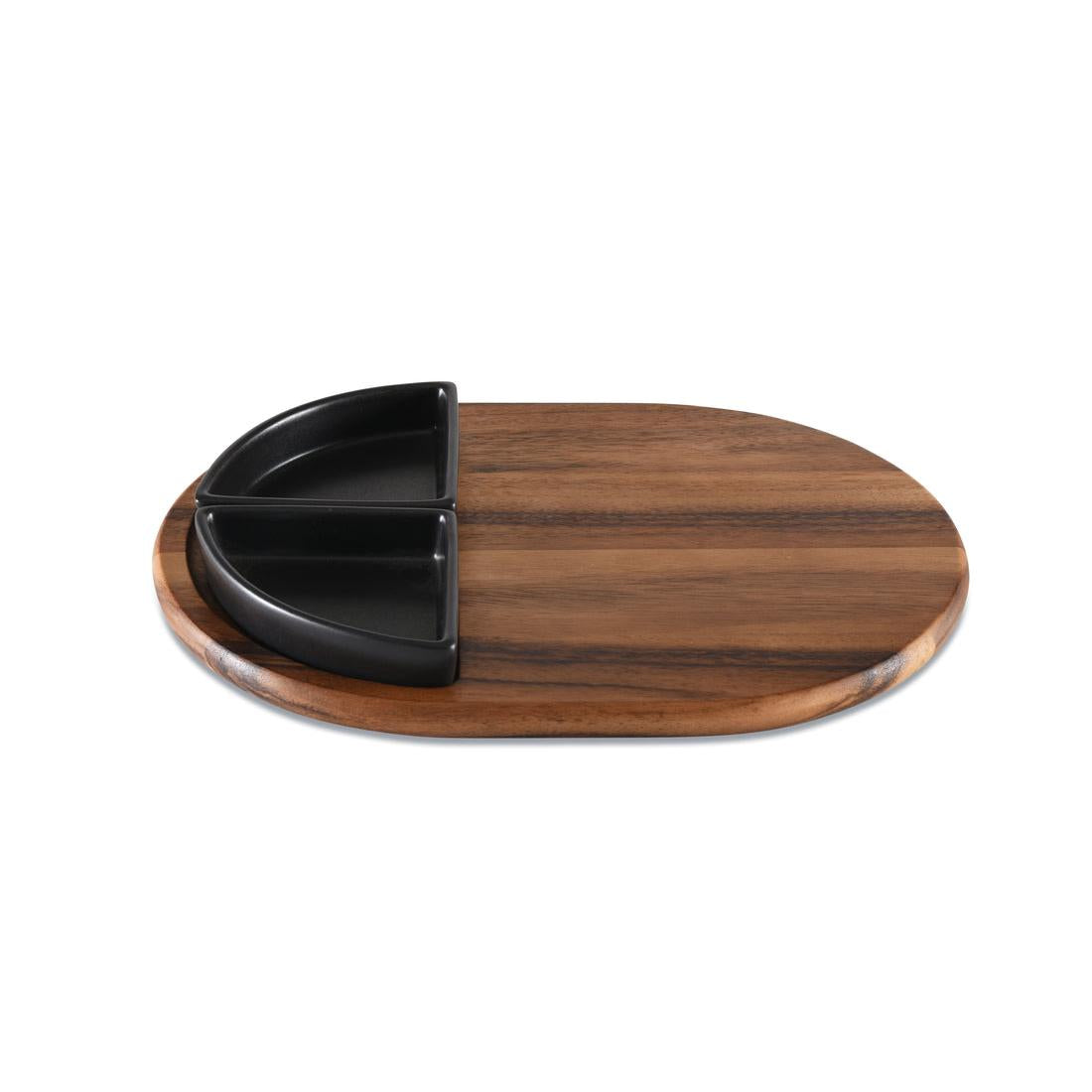 Kalmar Home Charcuterie / Serving Tray with 2 Black Triangular Ceramic Bowls