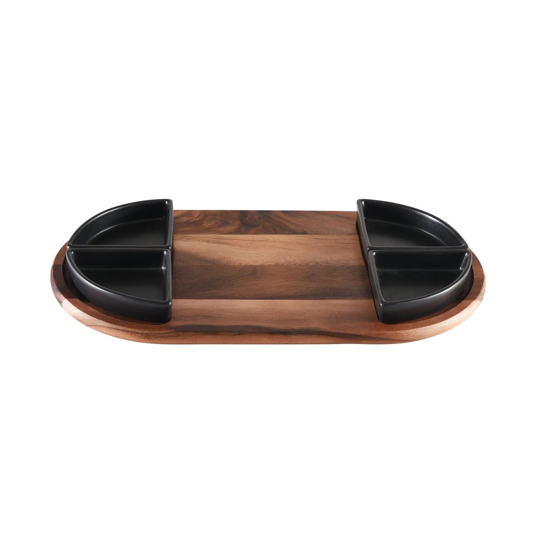 Kalmar Home Charcuterie/Serving Tray with 4 Black Triangular Ceramic Bowls