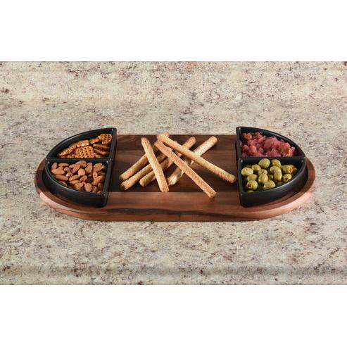 Kalmar Home Charcuterie/Serving Tray with 4 Black Triangular Ceramic Bowls