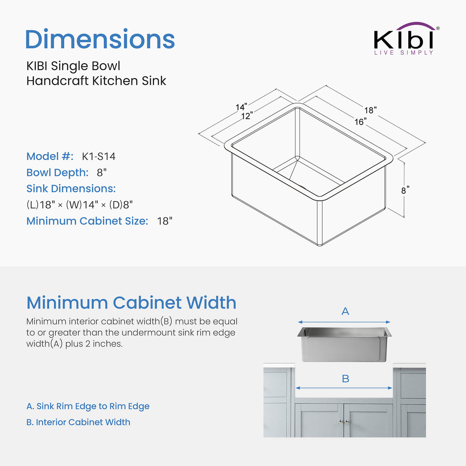 Kibi 14" x 18" x 8" Handcrafted Undermount Single Bowl Kitchen Sink With Satin Finish