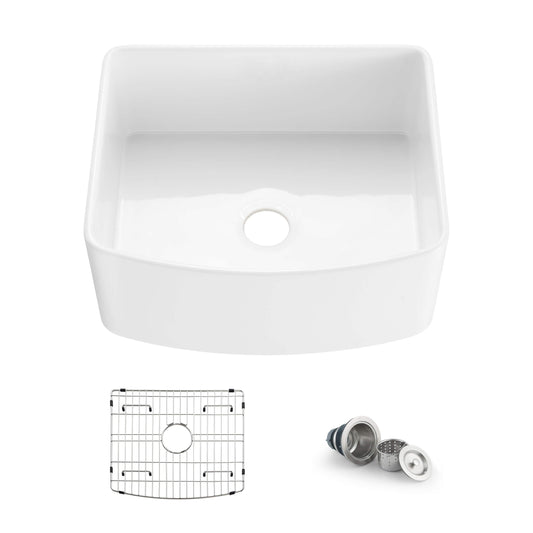 Kibi 24" x 20" x 10" Pure Series Undermount Single Bowl Fireclay Curved Apron Kitchen Sink In Glossy White
