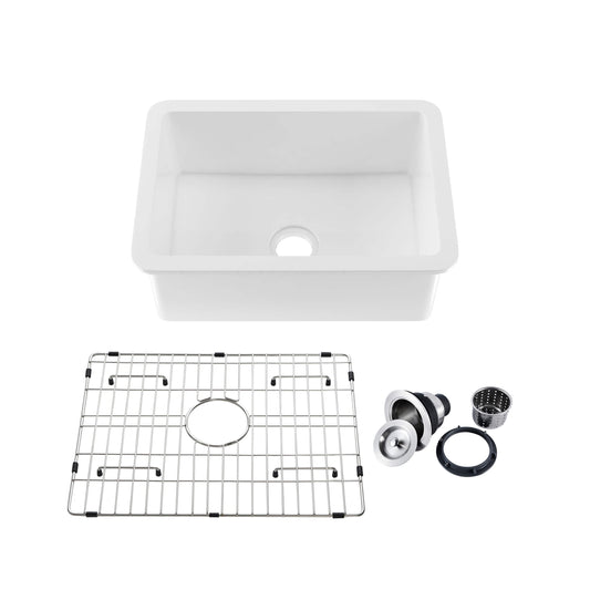 Kibi 27" x 19" x 10" Landis Series Undermounted Single Bowl Fireclay Kitchen Sink In Glossy White