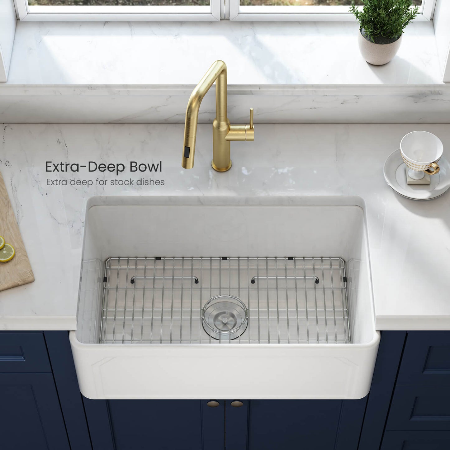 Kibi 30" x 18" x 10" Arch Series Undermount Single Bowl Fireclay Farmhouse Kitchen Sink In Glossy White