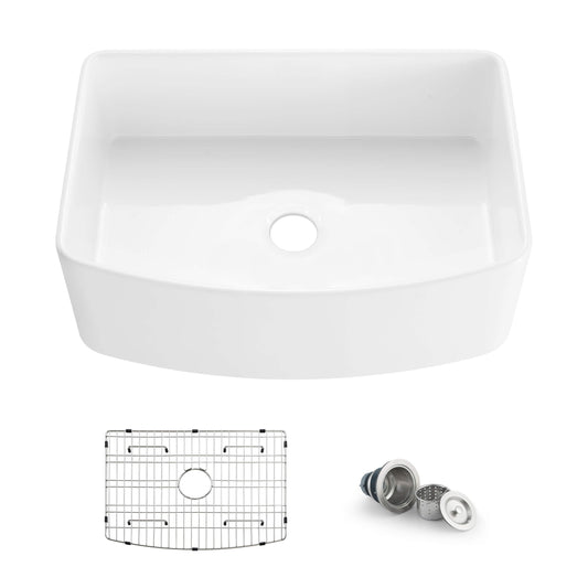 Kibi 30" x 20" x 10" Pure Series Glossy White Single Bowl Fireclay Farmhouse Sink With Curved Apron Front
