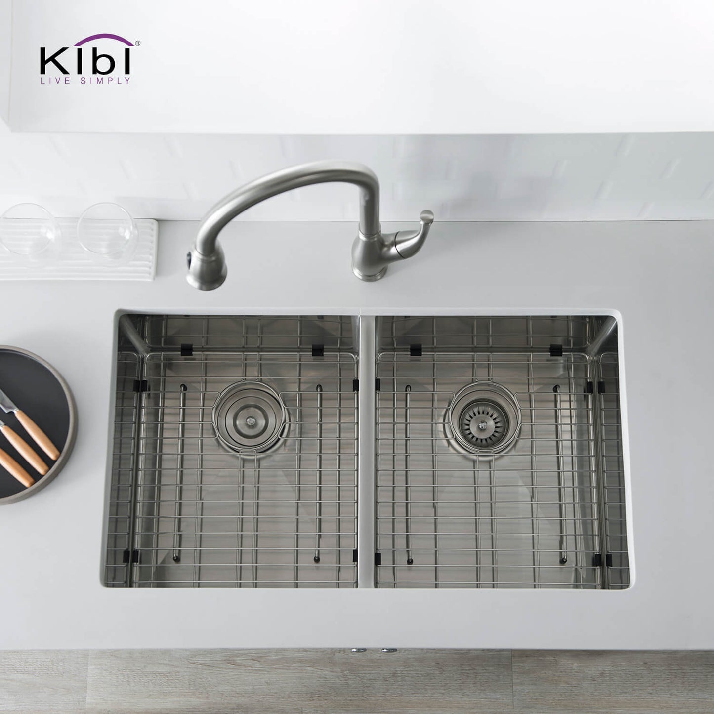 Kibi 32 3/4" x 19" x 10" Handcrafted Undermount Double Bowl Kitchen Sink With Satin Finish