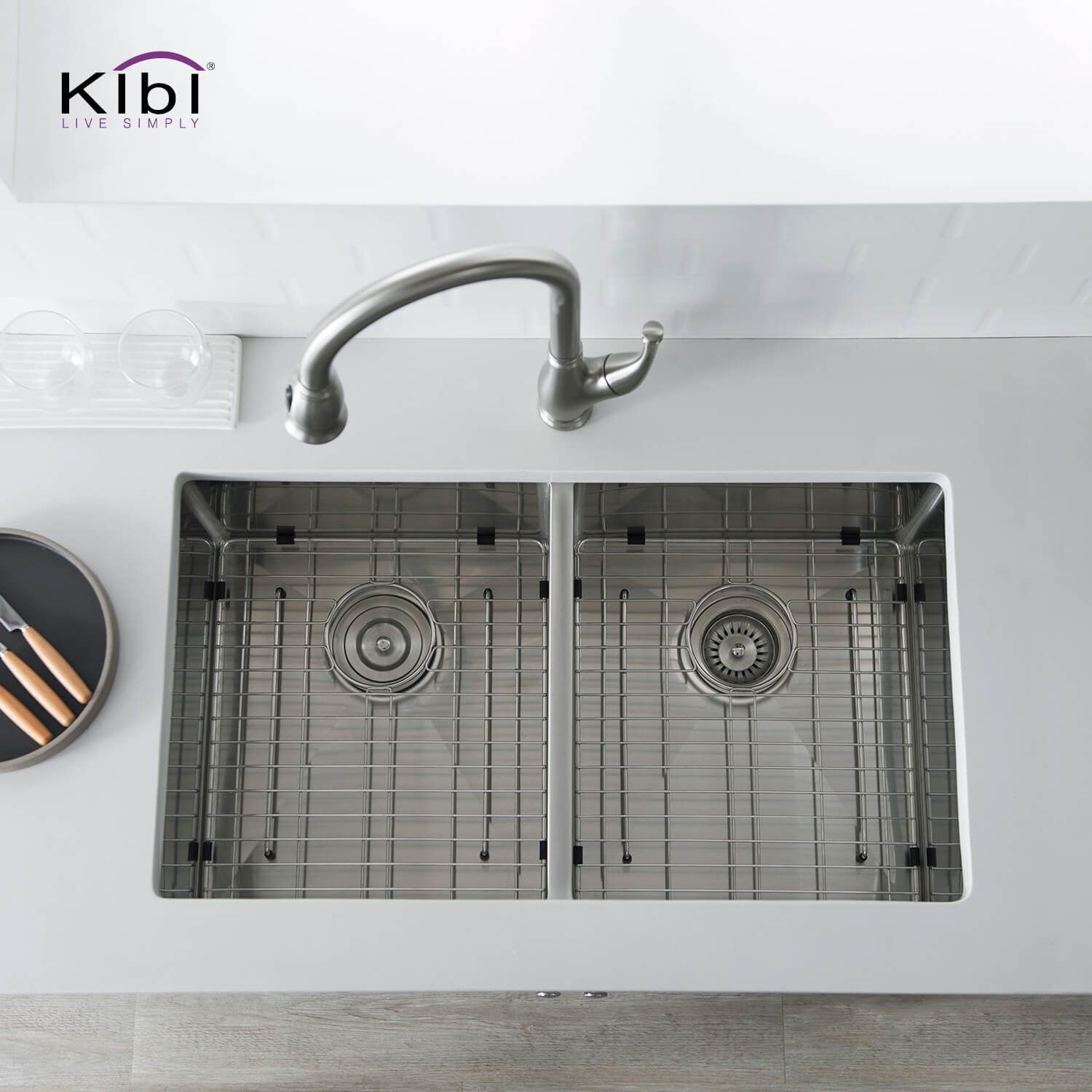 Kibi 32 3/4" x 19" x 10" Handcrafted Undermount Double Bowl Kitchen Sink With Satin Finish