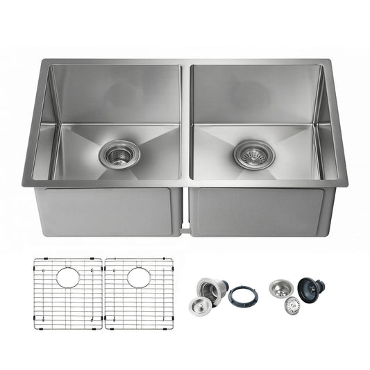 Kibi 32 3/4" x 19" x 10" Handcrafted Undermount Double Bowl Kitchen Sink With Satin Finish