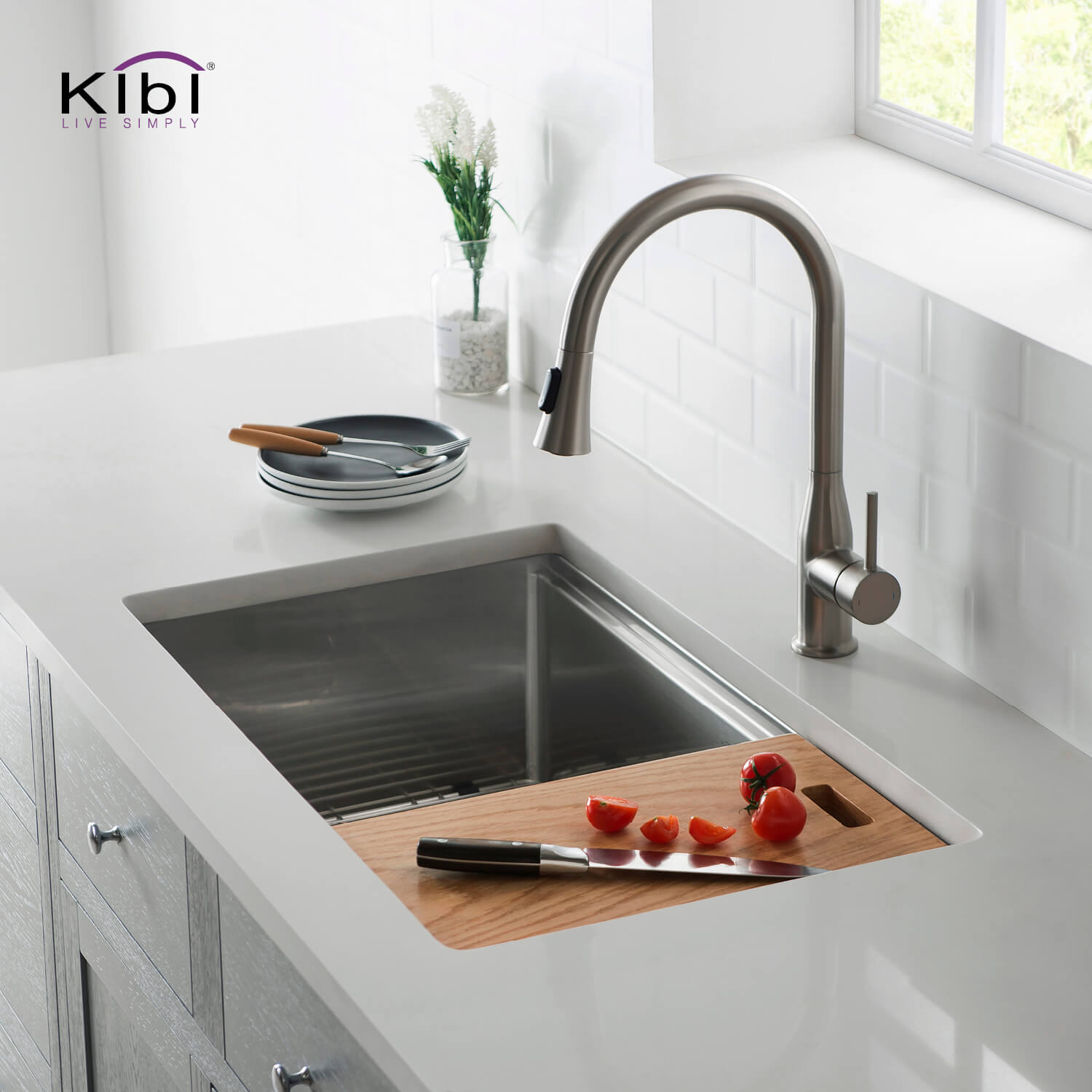 Kibi 32 3/4" x 19" x 10" Single Bowl Undermount Workstation Sink In Satin Finish